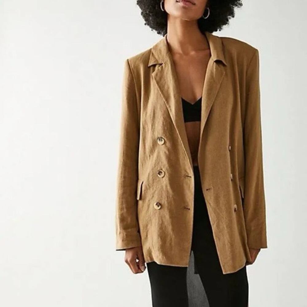 Free People Olivia Blazer Jacket Bronze Tan Linen Double Breasted Size Small